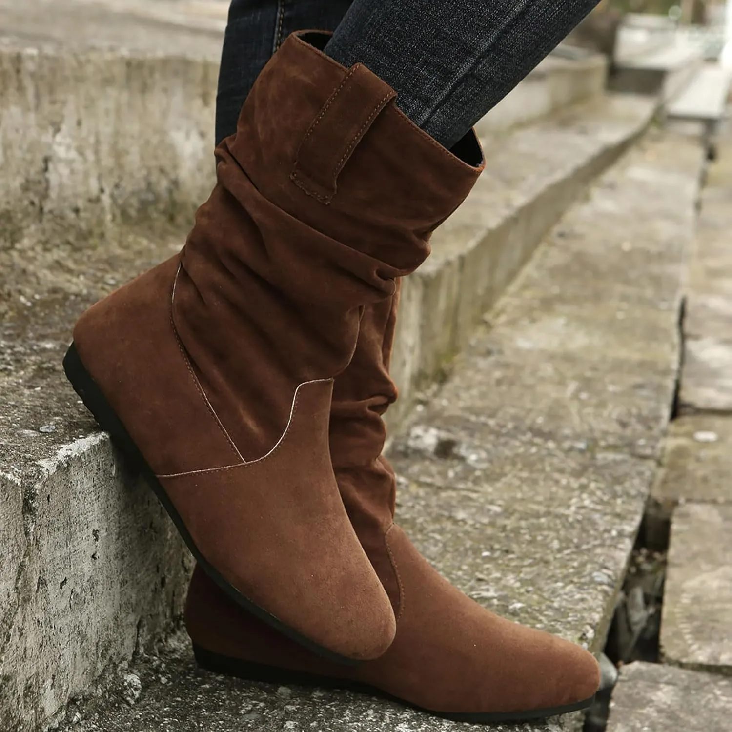Ankle Boots for Women, Winter Boots for Women, Fashion Solid Colour Round Toe Suede Flat Bottom Mid Calf Booties