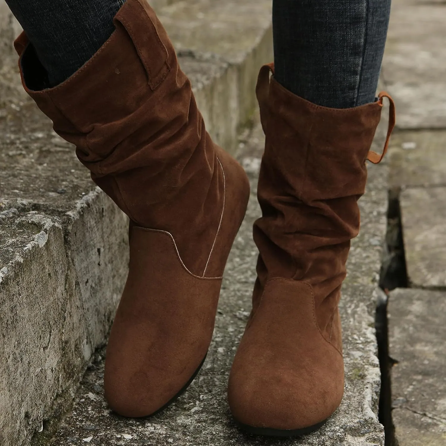 Ankle Boots for Women, Winter Boots for Women, Fashion Solid Colour Round Toe Suede Flat Bottom Mid Calf Booties