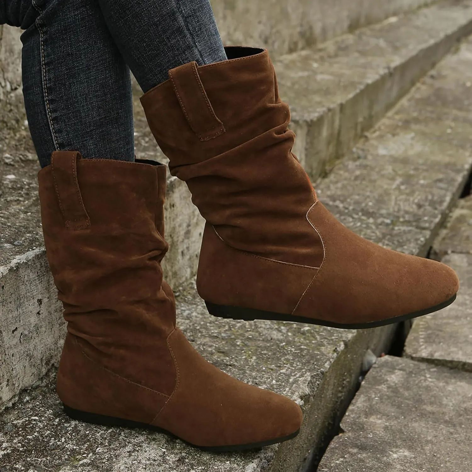 Ankle Boots for Women, Winter Boots for Women, Fashion Solid Colour Round Toe Suede Flat Bottom Mid Calf Booties