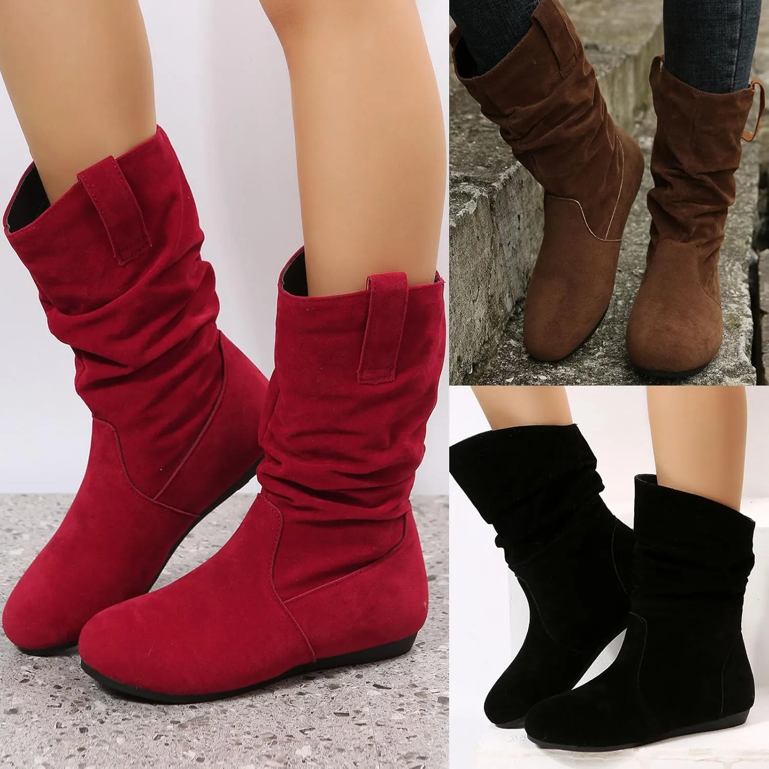 Ankle Boots for Women, Winter Boots for Women, Fashion Solid Colour Round Toe Suede Flat Bottom Mid Calf Booties