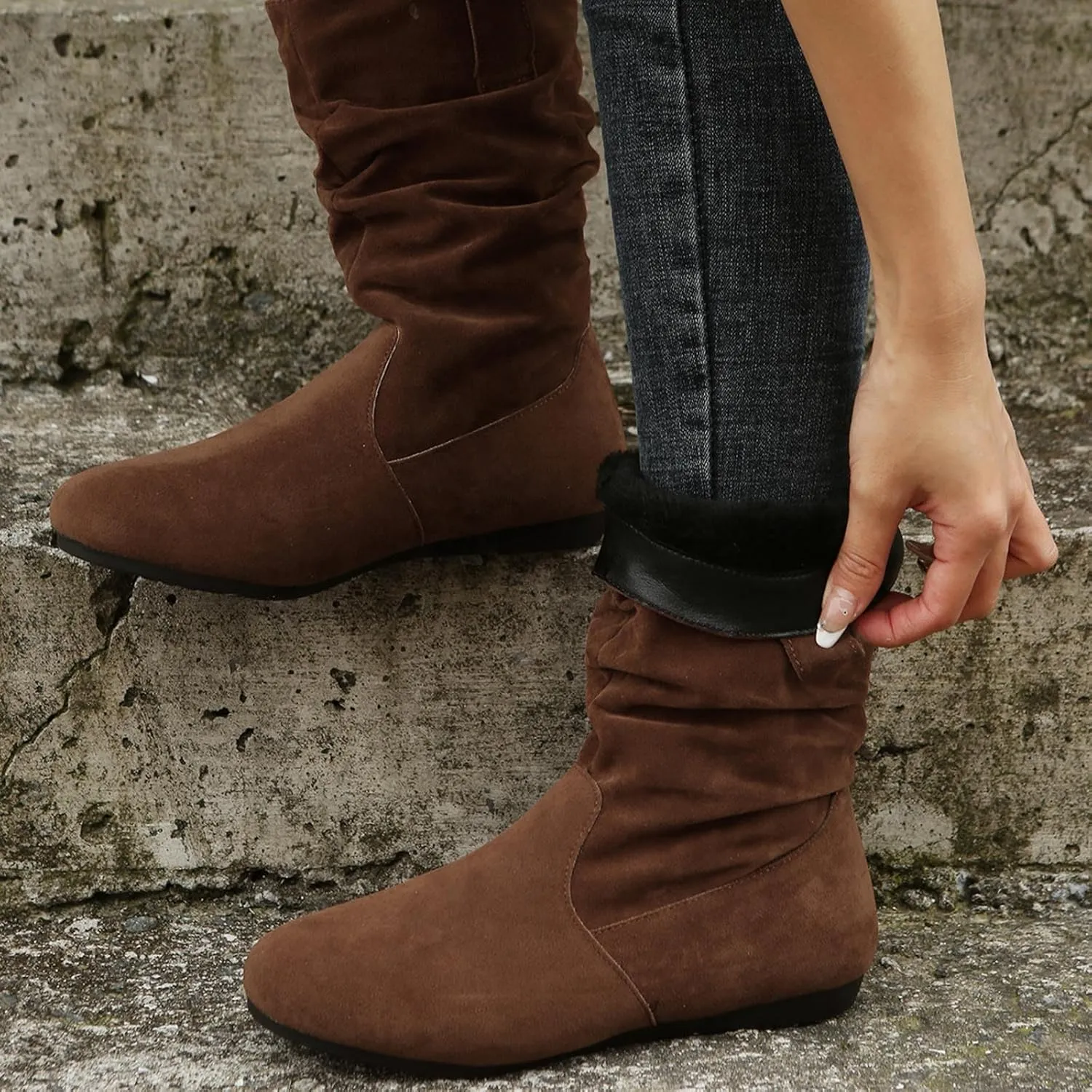 Ankle Boots for Women, Winter Boots for Women, Fashion Solid Colour Round Toe Suede Flat Bottom Mid Calf Booties