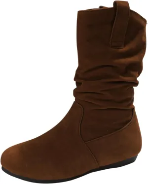 Ankle Boots for Women, Winter Boots for Women, Fashion Solid Colour Round Toe Suede Flat Bottom Mid Calf Booties