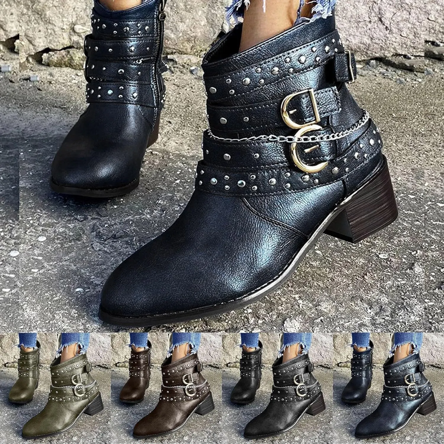 Boots for Women Ankle Booties Wide Calf Boots Pointed Toe Belt Buckle Boots Leather Boots Casual Square Heel Boots