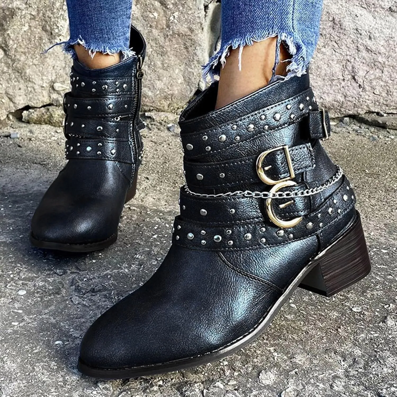 Boots for Women Ankle Booties Wide Calf Boots Pointed Toe Belt Buckle Boots Leather Boots Casual Square Heel Boots
