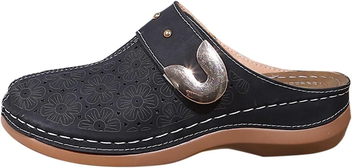 Clogs for Women Mules Shoes Closed Toe Slip-On Shoe Comfortable Arch Support Sandals Summer Breathable Walking Shoes Backless Low Wedge Slippers with Carved Floral Design