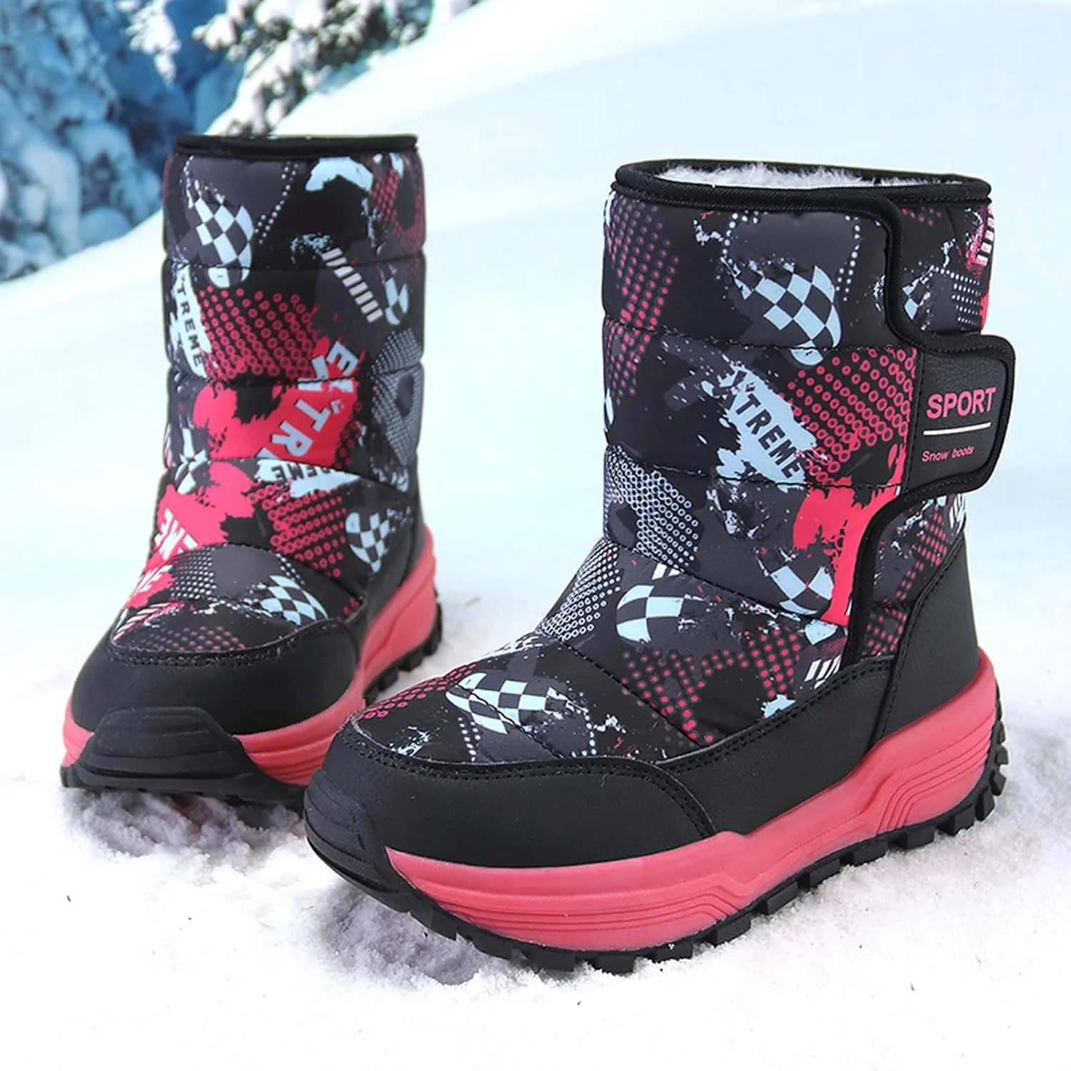 Eliogn Kids Snow Boots Faux Fur Lining Boys Girls Mid Calf Boots Waterproof Cold Weather Shoes for Winter Outdoor