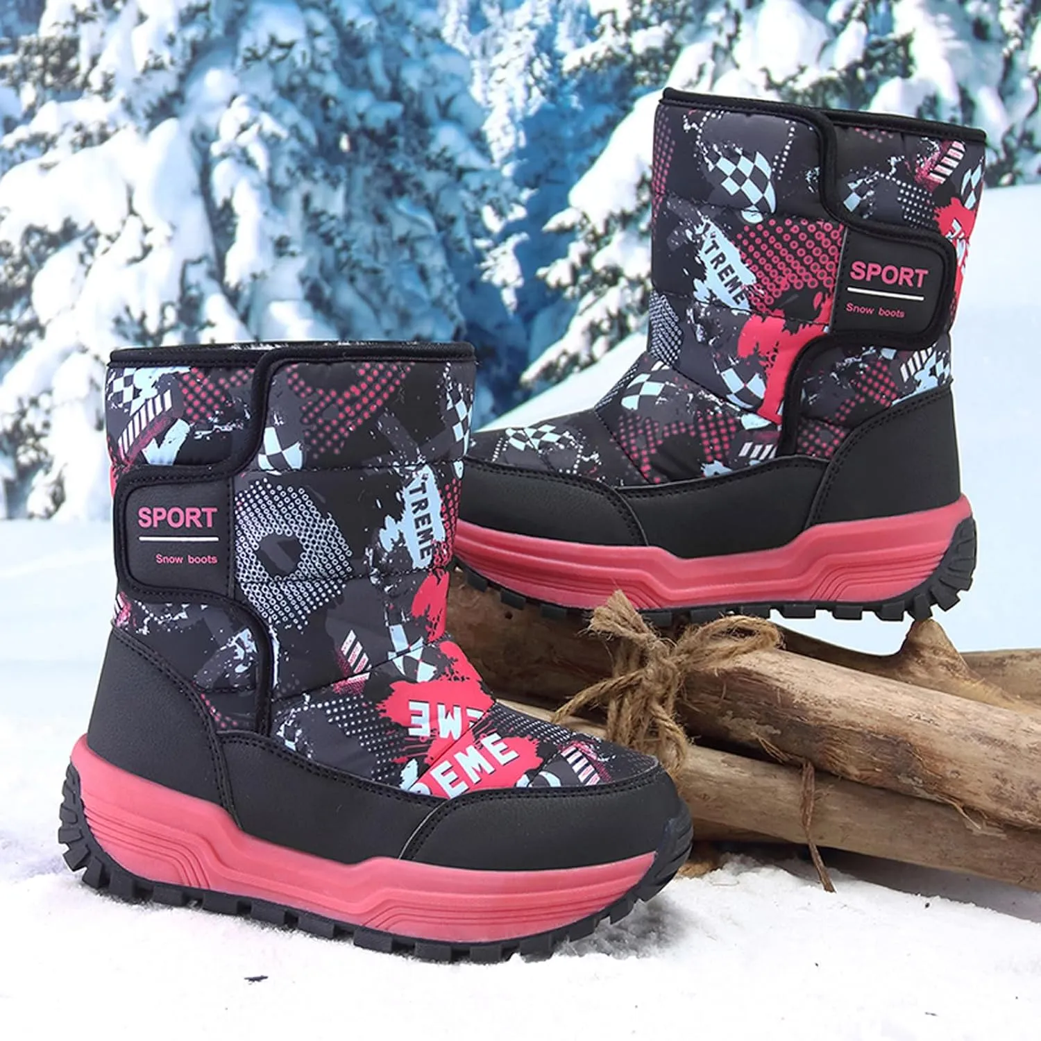 Eliogn Kids Snow Boots Faux Fur Lining Boys Girls Mid Calf Boots Waterproof Cold Weather Shoes for Winter Outdoor