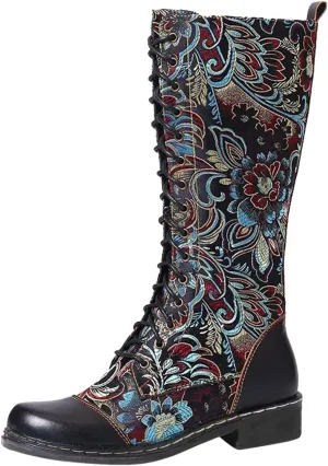 Knee High Boots Women Low Heel Winter Large Size Thigh High Boots Embroidery Ethnic Style Embroidery Booties Shoes