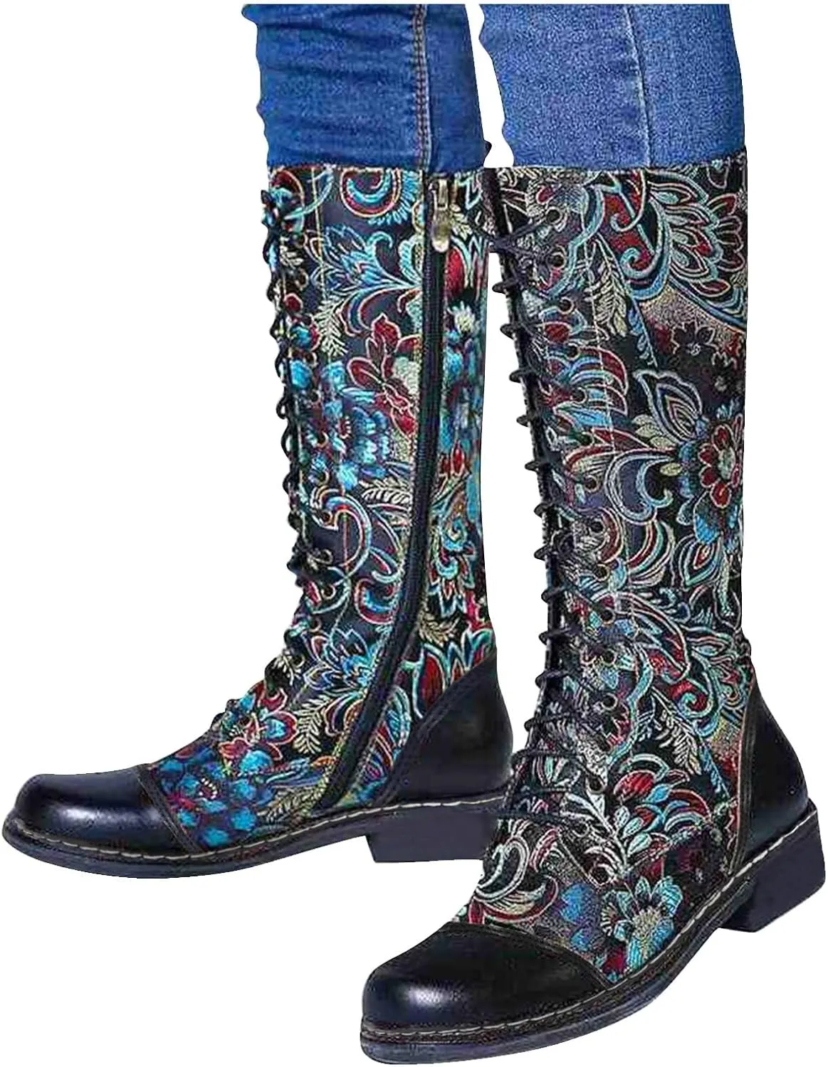 Knee High Boots Women Low Heel Winter Large Size Thigh High Boots Embroidery Ethnic Style Embroidery Booties Shoes