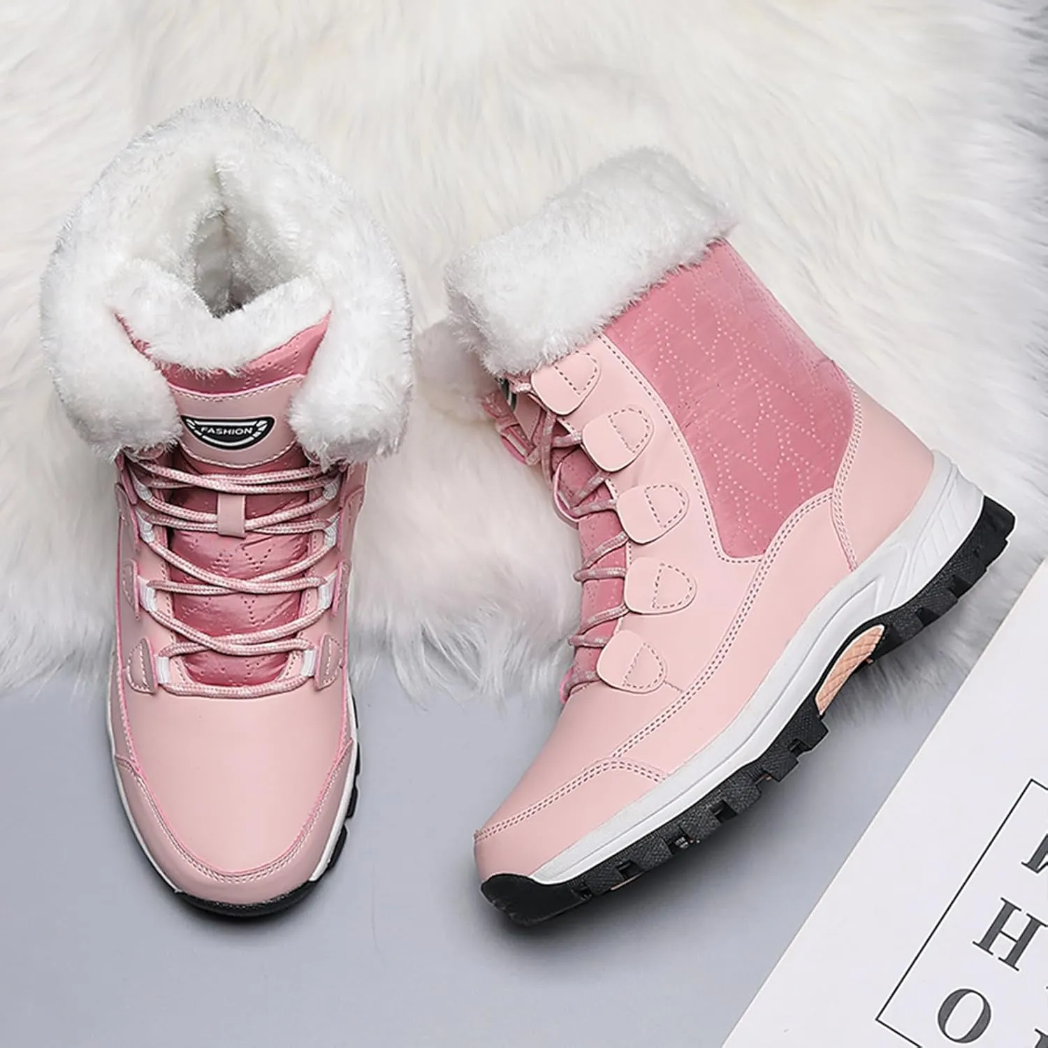 Lossarye Women's Waterproof Lace Up Winter Snow Boots Warm Fur Lined Comfortable Anti-Slip Mid-Calf Booties for Outdoor Walking Hiking