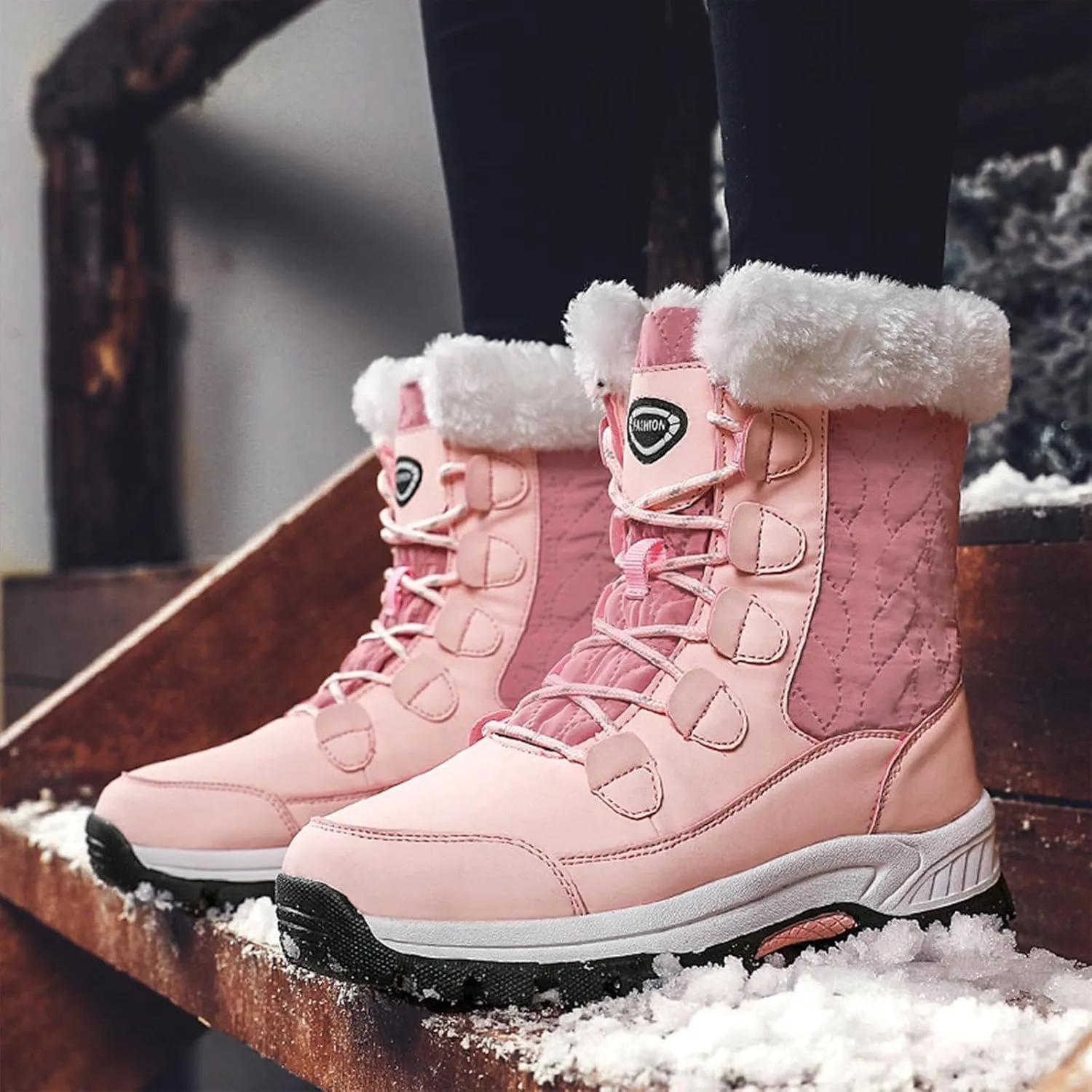 Lossarye Women's Waterproof Lace Up Winter Snow Boots Warm Fur Lined Comfortable Anti-Slip Mid-Calf Booties for Outdoor Walking Hiking