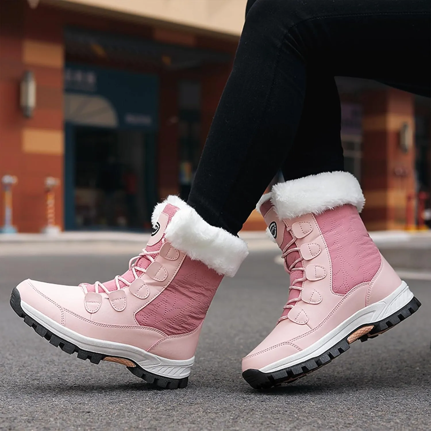 Lossarye Women's Waterproof Lace Up Winter Snow Boots Warm Fur Lined Comfortable Anti-Slip Mid-Calf Booties for Outdoor Walking Hiking