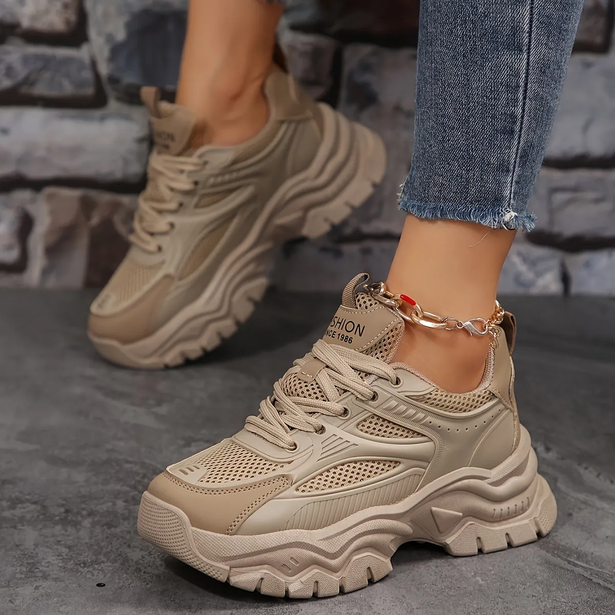 Stylish Women's Mesh Chunky Sneakers - Breathable, Lightweight, Low-Top Design for Running, Sports, Casual Outdoor Walking, Trainers with Arch Support and Cushioned Insoles for Ultimate Comfort