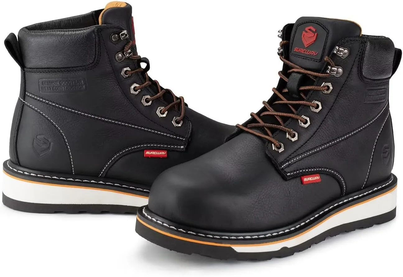 SUREWAY 6 Mens Heavy Duty Soft/Steel Toe Work Boots for Men,Goodyear Welt,Extremely Comfortable Durable Proved,Oil/Slip Resistant,Thicker Leather,Wedge Sole,EH Safety Industrial Construction Boots
