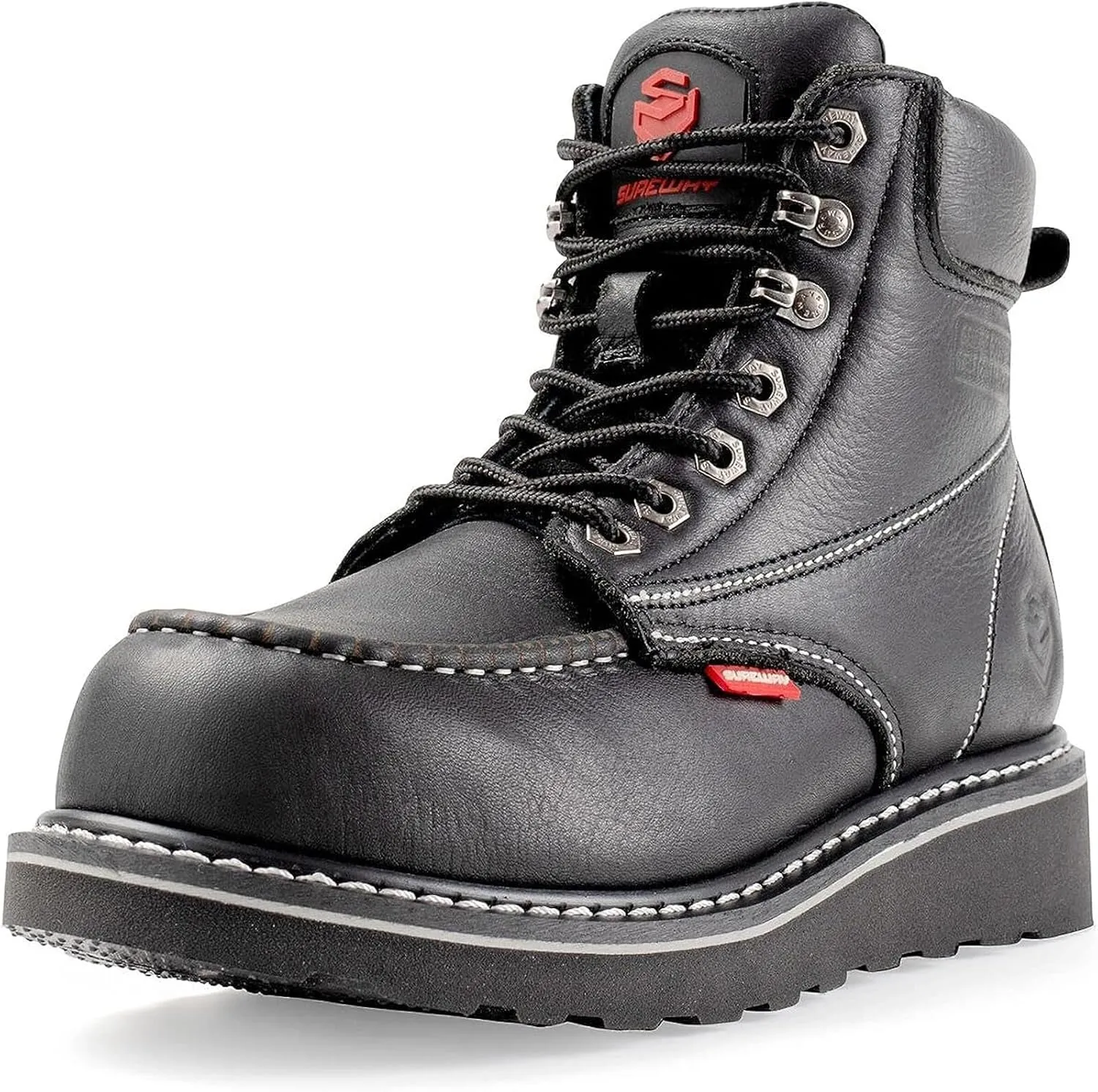 SUREWAY Mens Heavy Duty Soft/Composite/Steel Toe Work Boots for Men-Comfortable,Goodyear Welt,Full Grain Leather,6 in Wedge Moc Toe Construction Boots/Shoes,Soft Toe Black,Size 15