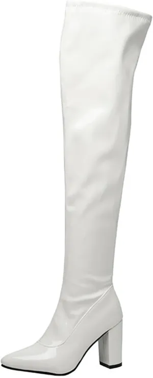 Women'S Patent Leather Fall Winte Pointed Chunky Heel Over Knee Boots Fashion Side Zipper Comfortable Mid Block Heel Thigh High Boots Comfort Long Boots For Evening Party Dating