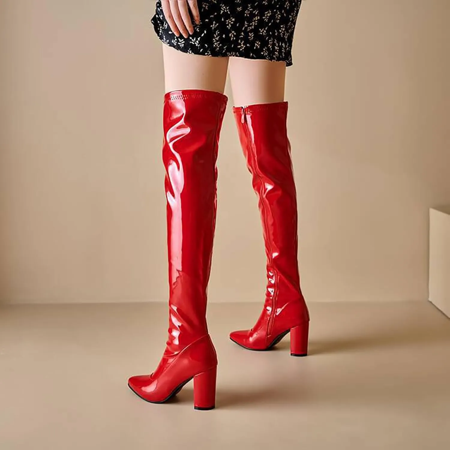 Women'S Patent Leather Fall Winte Pointed Chunky Heel Over Knee Boots Fashion Side Zipper Comfortable Mid Block Heel Thigh High Boots Comfort Long Boots For Evening Party Dating