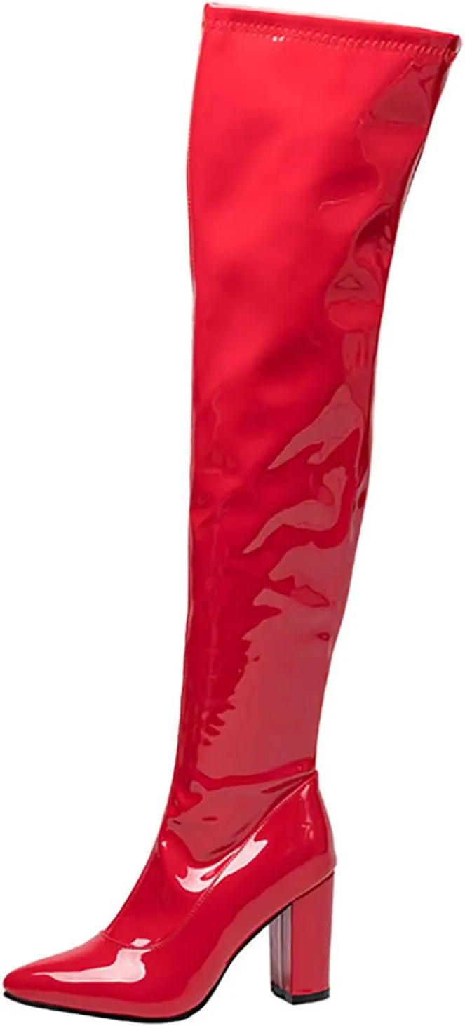 Women'S Patent Leather Fall Winte Pointed Chunky Heel Over Knee Boots Fashion Side Zipper Comfortable Mid Block Heel Thigh High Boots Comfort Long Boots For Evening Party Dating