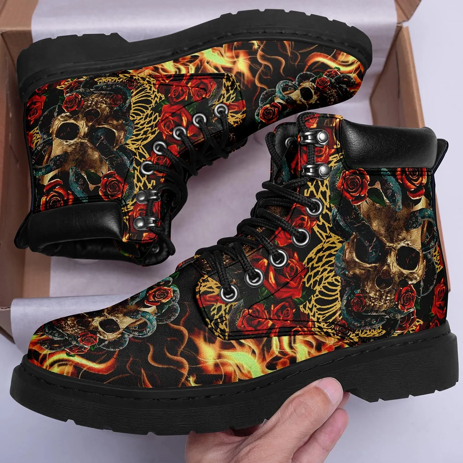 Women's Skulls and Flowers Combat Boot Hippie Vagen Leather Boots Classic Fashion Lace Up Ankle Booties for Men