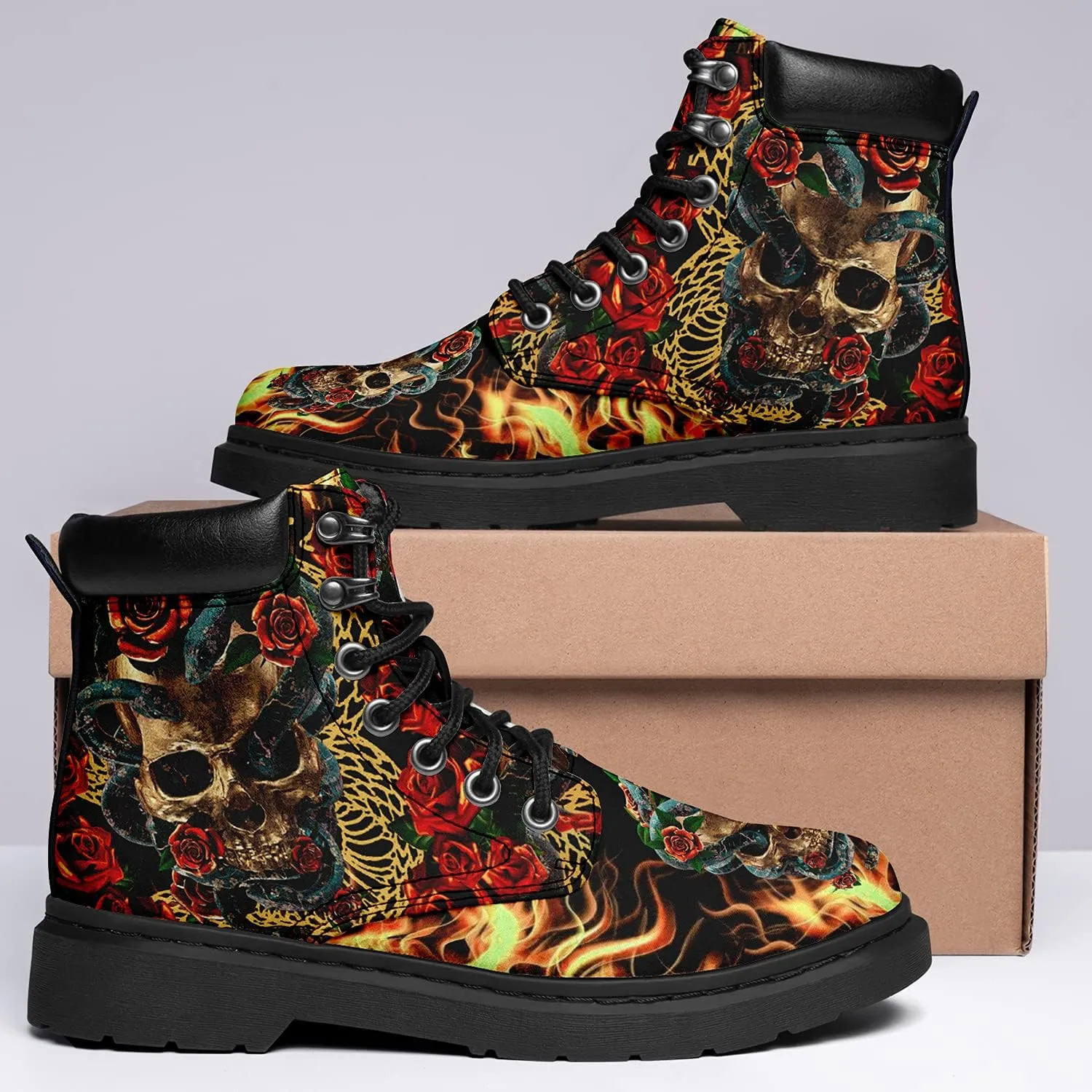 Women's Skulls and Flowers Combat Boot Hippie Vagen Leather Boots Classic Fashion Lace Up Ankle Booties for Men