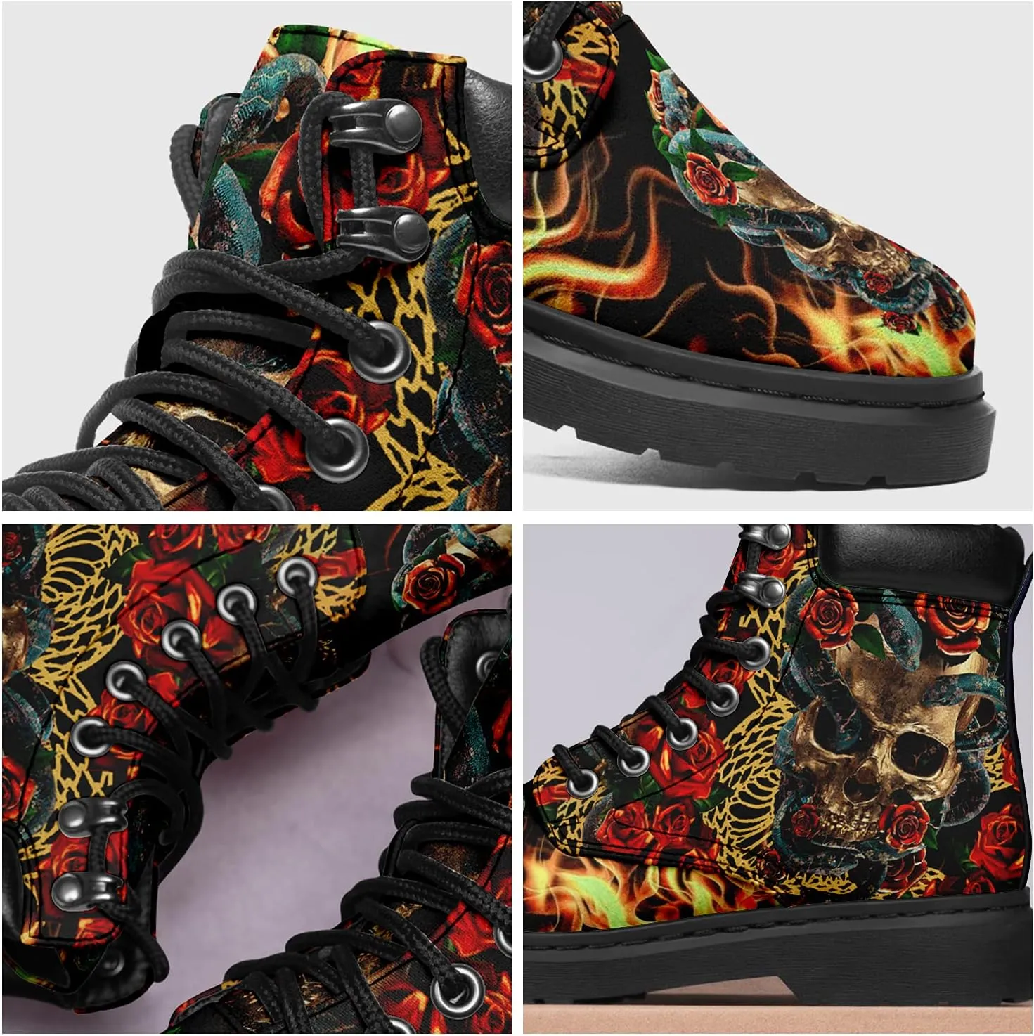Women's Skulls and Flowers Combat Boot Hippie Vagen Leather Boots Classic Fashion Lace Up Ankle Booties for Men
