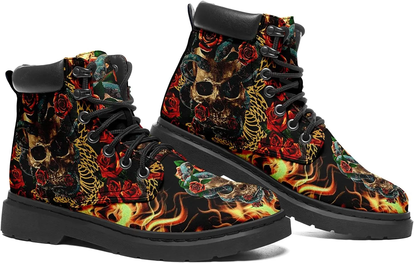 Women's Skulls and Flowers Combat Boot Hippie Vagen Leather Boots Classic Fashion Lace Up Ankle Booties for Men